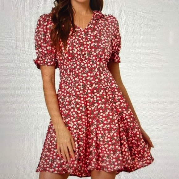 NWT Allegra K. Cherry Short Sleeve V-neck Ruffle Red Mini Dress; Size Small - Picture 1 of 7